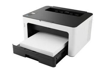 Fototapeta premium Modern compact monochrome laser printer with black and white casing, sleek minimalist design, open tray with pristine A4 paper, isolated on transparent, concept of office technology and efficiency