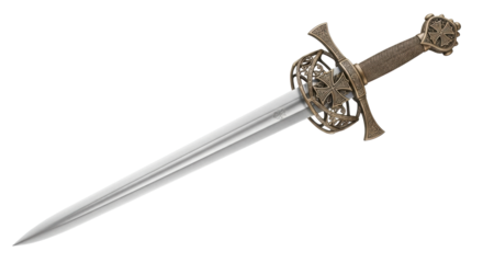 Medieval-style sword with ornate bronze hilt, filigree, engraved patterns, and cross emblem on pommel, isolated horizontally on a transparent background with no shadows, displaying historical artifact