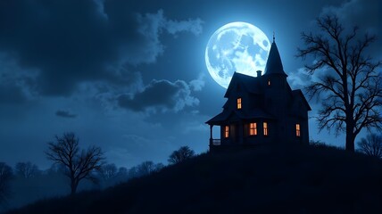 Spooky House at Night with Moonlight