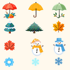 Cute Winter and Autumn Icon Set with Snowman, Umbrella, and Leaves in Flat Design