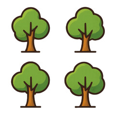 Cartoon Style Trees Set with Green Foliage and Brown Trunks