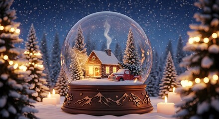 Christmas Snow Globe with Cozy Cabin, Red Truck, Snowy Forest, and Festive Lights