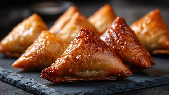 Moroccan briouat pastries arranged on Japanese slate