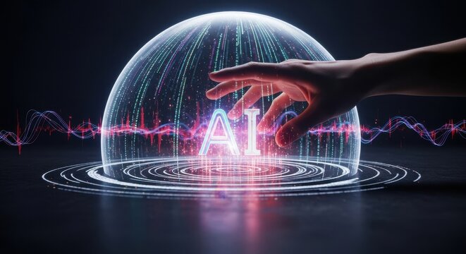 human hand interacting with digital sphere of artificial intelligence data. glowing neon lights, futuristic interface. technology and innovation concept. website banner, presentation.