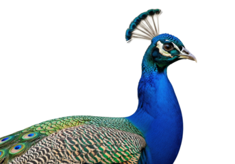 Close-Up of Vibrant Peacock with Iridescent Plumage on White Background