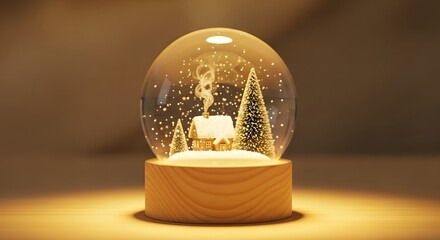 Cozy Christmas snow globe with snowy house, sparkling trees, and falling snow on a warm wooden base.