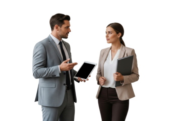 Business Professionals Discussing Work with Tablet and Folder on White Background