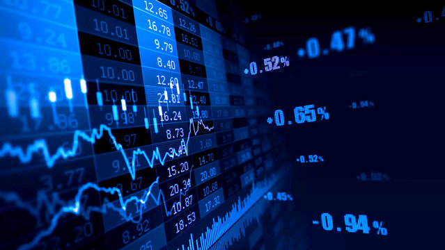 Blue stock market chart with candlesticks and data