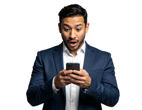 Shocked man in a suit stares at a phone, mouth agape against a black background in a tight waist-up shot