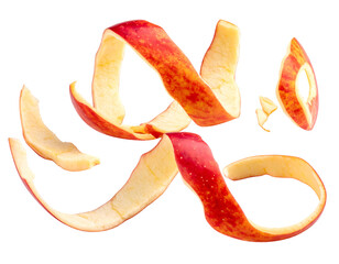 Curving, swirled pieces of red apple peel against a dark background. Fruit skin is twisted in abstract shapes