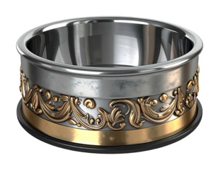 Silver and gold decorative ring or bowl with intricate floral scroll design sitting on a black base