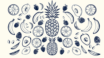 Hand-drawn fruit composition in vintage sketch style. Includes pineapples, bananas, mangoes, papayas, coconuts, and citrus slices.