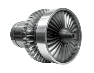 Silver engine turbine detail on black background; intricate fan blades visible, capturing industrial design and engineering