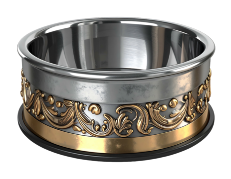 Silver and gold decorative ring or bowl with intricate floral scroll design sitting on a black base