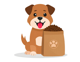 Cute cartoon dog sitting next to a bag filled with kibble on a white base against a dark background