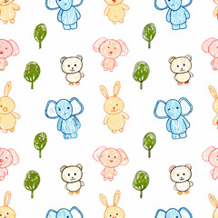 Obraz premium Seamless pattern featuring cute hand-drawn baby animals like elephants, bunnies, kittens, and ducks.