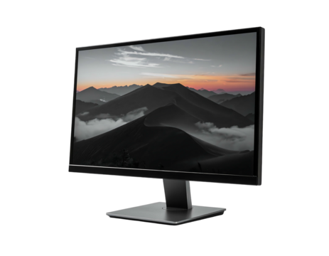 Angled view of a black computer monitor with a mountain landscape displayed on screen