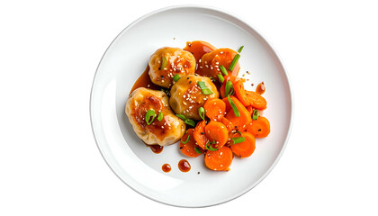 Appetizing dumplings with glazed carrots, sesame seeds, and scallions on a white plate