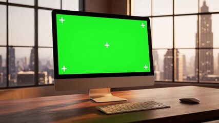 A green-screen computer on a wooden desk with a city backdrop. Keyboard and mouse present - Powered by Adobe