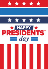 Obraz premium Happy Presidents day in United States. Washington's Birthday. Federal holiday in America. Celebrated in February. Patriotic american elements. Poster, banner and background. Vector illustration