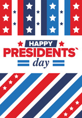 Naklejka premium Happy Presidents day in United States. Washington's Birthday. Federal holiday in America. Celebrated in February. Patriotic american elements. Poster, banner and background. Vector illustration