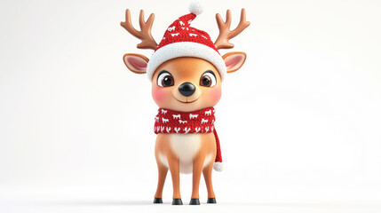 Fototapeta premium Christmas funny cheerful deer in hat and gift holiday character, 3d illustration, playful pose isolated on white background, space for text