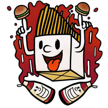 Szybkie Jedzenie Frytki burgery i ketchup Śmieszna ilustracja