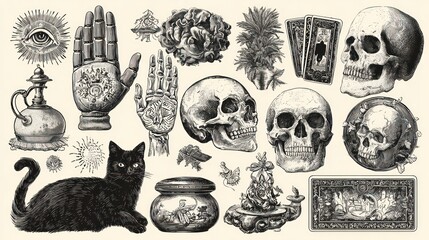 Vintage occult illustrations collection skulls hands eye cat and symbolic elements