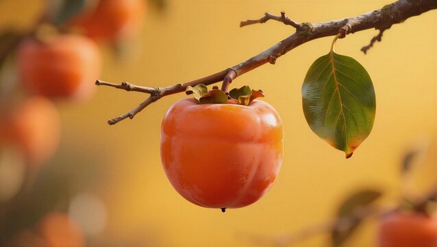 Vibrant persimmon fruit hanging on a branch, bathed in warm autumn light, evoking a sense of harvest and abundance.