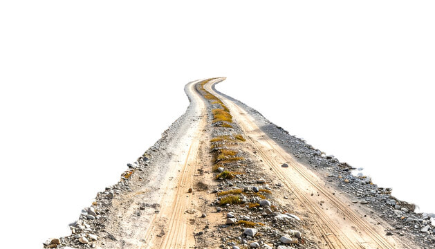 Winding dirt road disappearing into darkness, isolated on a stark black background