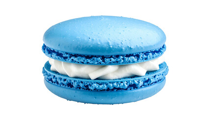 Close-up of a single, bright blue, layered cookie with a creamy white filling, isolated