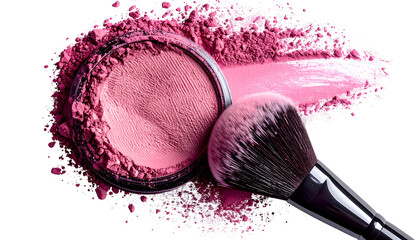 Pink blush compact with brush, powder spill, and swatch on a black background