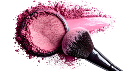 Pink blush compact with brush, powder spill, and swatch on a black background
