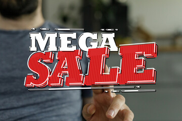 Attractive mega sale sign and hand touching it. Ideal for advertising, discounts, and shopping. Best for marketing and promotions. Great visual.