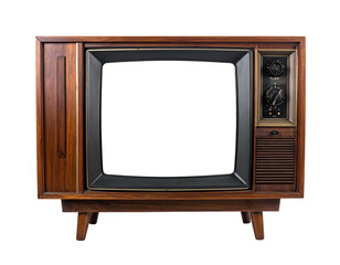 Antique brown wooden television with a blank white screen sits isolated against a dark background