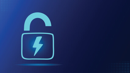 Unlocked Padlock Symbol With Lightning Bolt On Blue Background
