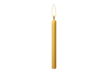 Tall gold taper candle with small flame on transparent background