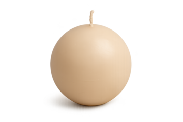 Single beige spherical candle with short wick on white surface