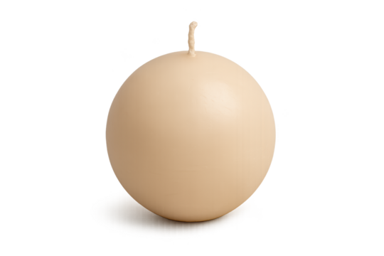 Single beige spherical candle with short wick on white surface