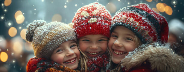 photorealistic Christmas charity scene, kids smiling and hugging volunteers after receiving presents, warm hugs, snowflakes