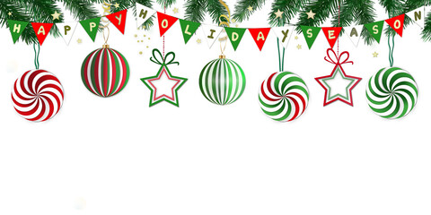 Happy holiday season festive party banner template with flags garland , green pine tree branches and hanging winter holiday decorations -balls, stars against white background. Free copy space.