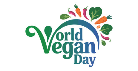 Colorful "World Vegan Day" logo with vegetable illustrations and curved arc symbolizing unity, health, and plant-based lifestyle awareness