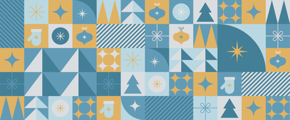 Modern Geometric Winter Holiday Pattern in Blue and Gold – A Festive Blend of Style and Cheer Seamless Pattern, Poster, Banner, Card