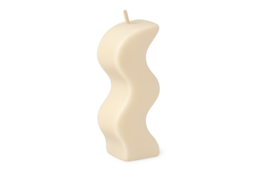 Ivory wavy pillar candle with sculpted curves, standing upright and smooth