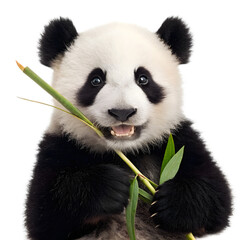 Naklejka premium Adorable panda cub eating bamboo isolated on transparent background in closeup view