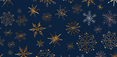 Sophisticated seamless pattern featuring gold, silver, and rose gold snowflakes on a deep blue backdrop. Perfect for holiday designs and winter-