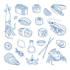 Hand drawn sushi and seafood vector set with crab, shrimp, squid, lemon, and soy sauce in blue line art style on white background.