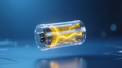 A futuristic energy cell glowing with vibrant lightning, used for advanced technology and innovation.