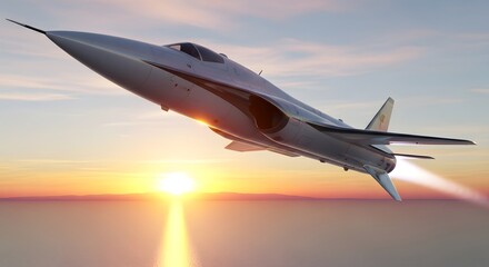Sleek white jet airplane flying over ocean at sunset