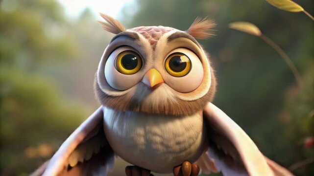 Cute cartoon owl with big eyes in enchanted forest